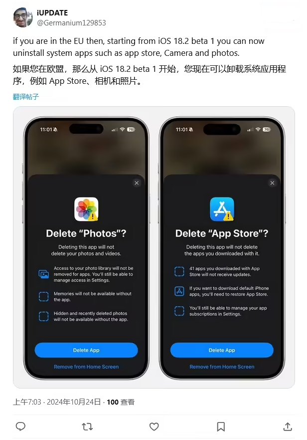 丽水苹果手机维修分享iOS 18.2 支持删除 App Store 应用商店 